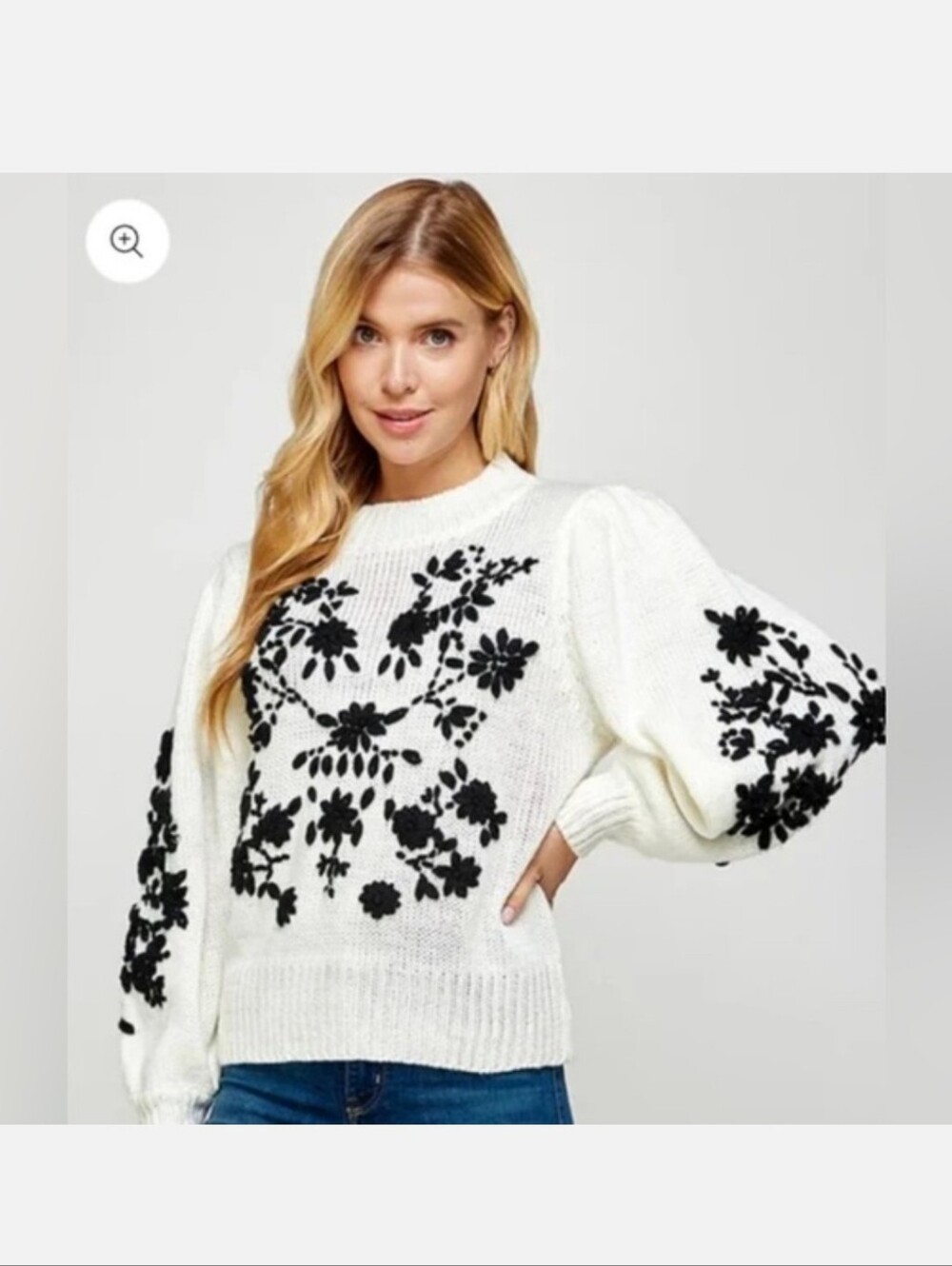 See And Be Seen Ivory Crewneck Sweater Floral Knit Embroidery Sz XL Puff Sleeves